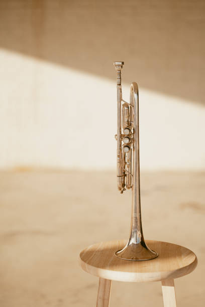 istock Silver trumpet standing upright on a wooden stool in soft lighting 2203342352