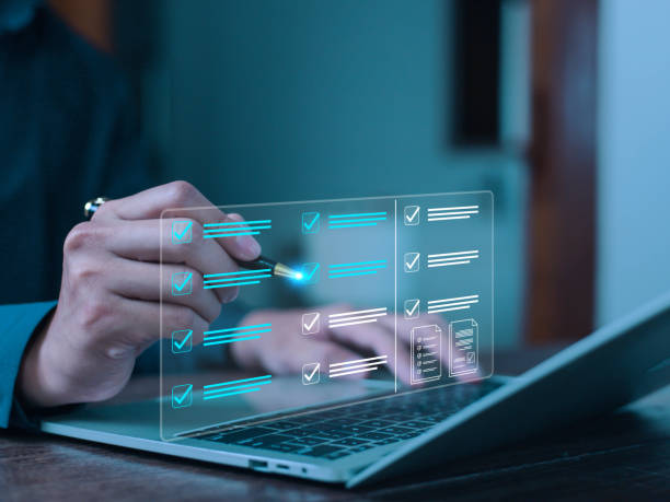 istock Online survey for business people using laptops, business performance survey concept, DMS document management system, performance appraisal. 2203345710