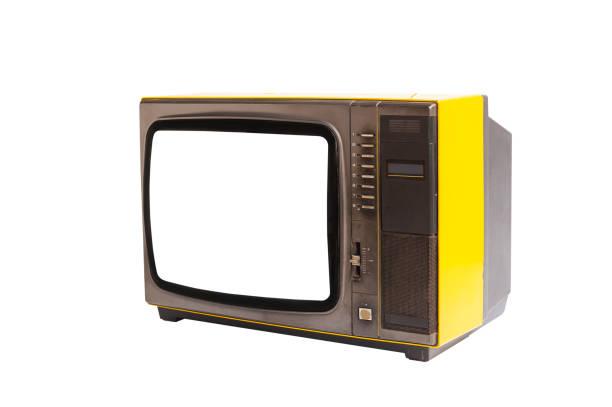 istock Retro old tv on isolated, white background. Vintage technology concept, blank screen for text with clipping path 2203348683