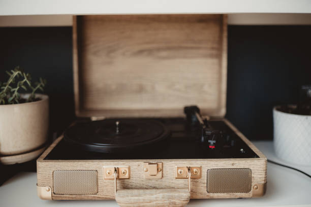 istock Vintage record player in wood case sitting on shelf 2203350525