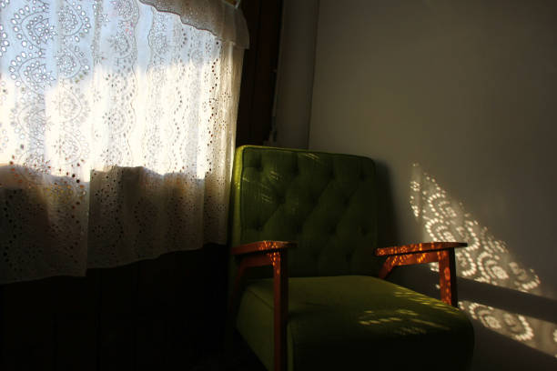 Light through the white curtains creates patterns on the chairs and on the walls. abstract object pattern background