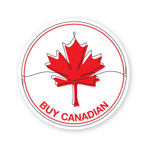 istock Buy Canadian Label Design, Buy From Canada Single Line Drawing with Red Maple Leaf 2203352441