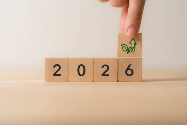 istock 2026 sustainable growth, environmental progress concept. Wooden blocks displaying 