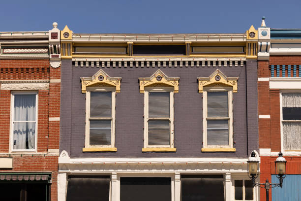 Afternoon sun shines on historic facades of downtown Ottawa, Kansas, USA.