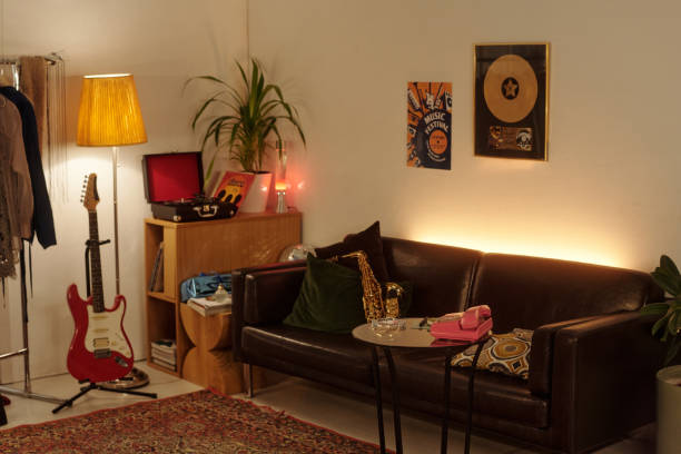 istock Vintage Living Room with Musical Instruments and Decor 2203358309