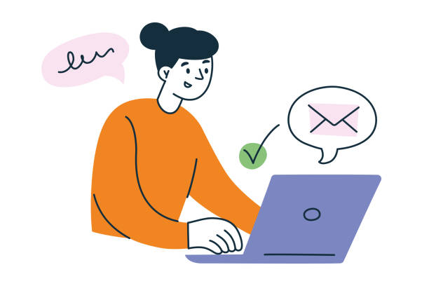 Vector illustration of woman working at laptop, sending or getting emails, email icon and checkmark, cartoon freelancer or office worker character, productivity and digital communication concepts Vector illustration of woman working at laptop, sending or getting emails, email icon and checkmark, cartoon freelancer or office worker character, productivity and digital communication concepts, isolated colored clipart on white background writing email stock illustrations