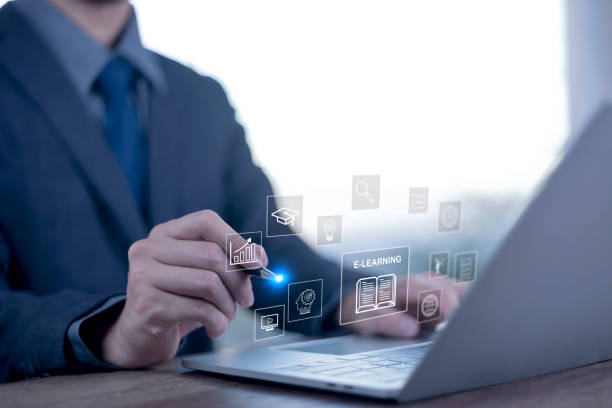 istock E-learning education concept, Show online e-learning of icons on hand. Learning online educate technology improvides accessibiliry, Learning through online greater enhance. knowledge in homeschool 2203361685