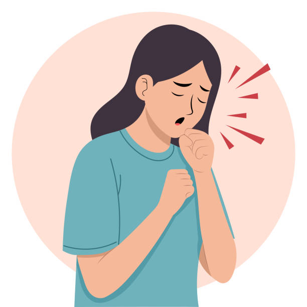 ilustraciones, imágenes clip art, dibujos animados e iconos de stock de ilustración de una mujer enferma. su expresión facial muestra incomodidad. tose o estornuda violentamente, lo que indica enfermedad o infección. - toser