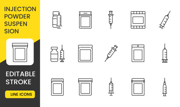 ilustraciones, imágenes clip art, dibujos animados e iconos de stock de una colección de íconos médicos que representan formas de inyección, polvo y suspensión de medicamentos. este conjunto incluye jeringas, viales y envases, con un trazo editable. - vacunación