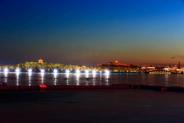 In northern China ancient architecture in the evening, on the lake