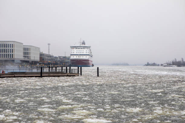 A winter's day morning in Helsinki South Harbour with frozen sea water