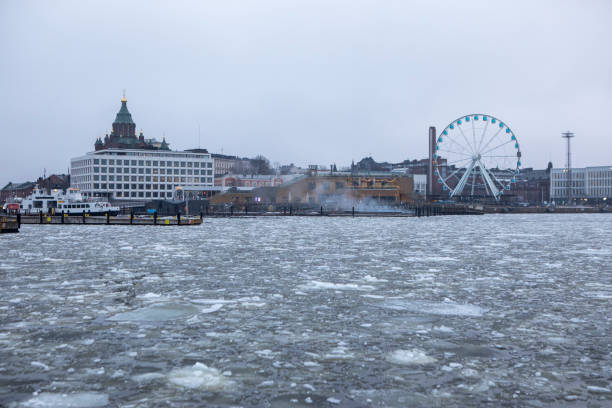 A winter's day morning in Helsinki South Harbour with frozen sea water