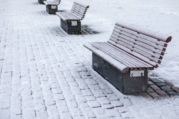 Snow-covered wooden public benches on Helsinki South Harbour