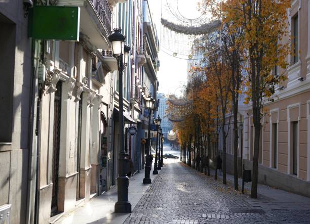 istock Quiet Cobblestone Street in Badajoz, Spain with Autumn Trees 2203374579