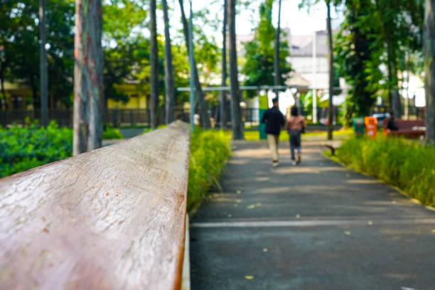 istock Peaceful Park Walk Featuring Wooden Bench Rail and Green Trees 2203374651
