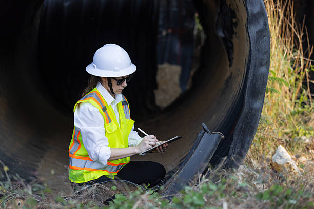 istock A female engineer  inspects a damaged plastic drainage pipe outdoors. 2203374743