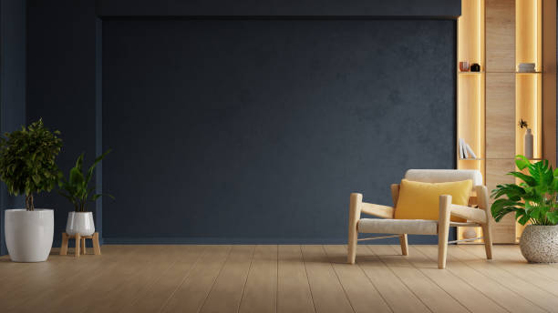 istock Modern living room has an armchair on empty dark blue wall background- 3D rendering 2203378576