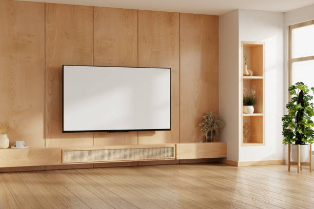 istock Modern living room interior with tv screen on wooden wall- 3D rendering 2203378635