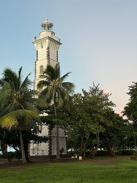 istock Tropical lighthouse with palm trees and clear sky. 2203382326