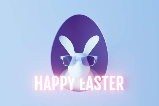 A digitally generated image featuring a cool Easter bunny wearing sunglasses, peeking from behind an egg-shaped cutout, symbolizing fun, celebration, and the festive spirit of Easter. This playful and modern design blends tradition with a stylish twist, making it ideal for holiday-themed visuals, greeting cards, and seasonal decorations.