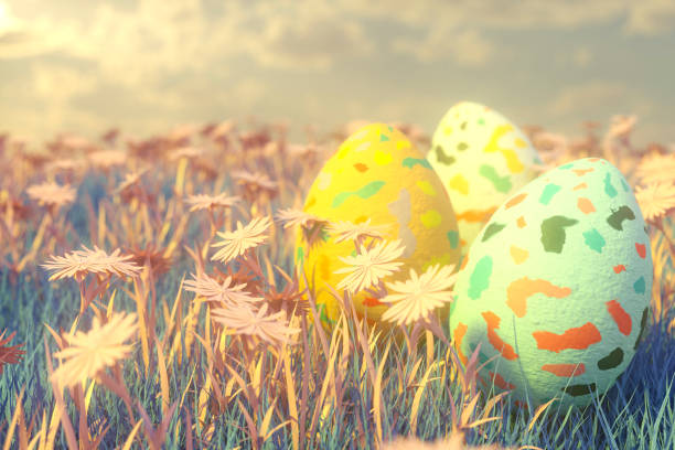 A digitally generated image featuring colorful Easter eggs resting on a vibrant blue grass meadow with pink flowers, symbolizing creativity, renewal, and the festive spirit of Easter. This unique and whimsical design blends tradition with modern aesthetics, making it ideal for holiday-themed visuals, greeting cards, and seasonal decorations.