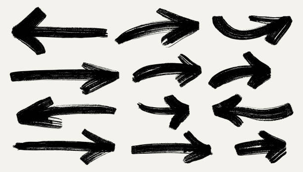 zestaw strzał grunge. kolekcja ikon strzałek. wektor wskaźnik grunge. akwarela strzałka na białym tle. realistyczny rysunek pędzlem. ręka narysuj strzałki pędzla w prawo, w lewo. - strzała stock illustrations