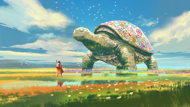 istock Traveler Encounters a Giant Ornate Turtle in Vast Landscape 2203394233