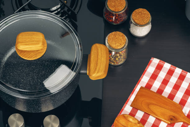 Set of cookware utensils on a kitchen counter