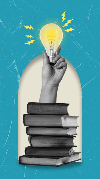 istock Art collage, hand with a light bulb from a book. 2203395289