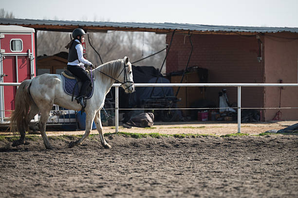 A young girl sits confidently atop a fluffy white pony in a sandy riding arena. It is a bright day, and the surrounding area is lined with greenery and rustic structures. Family day in eco horse farm