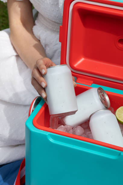 istock Woman holding beverage can with copy space over thermos box 2203403237