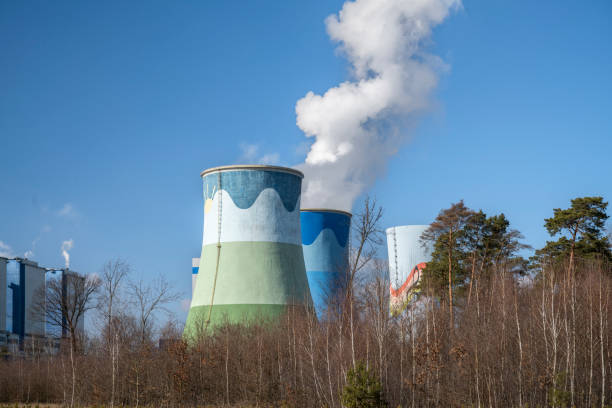 A power plant’s cooling towers adorned with colorful murals rise above the treetops, emitting steam into the clear blue sky. This fusion of industry and art transforms an otherwise industrial structure into a striking visual landmark.