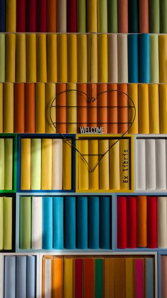 istock Library, colorful generic books spines with a heart shape hanging at it, Morning sun rays on the books 2203415714