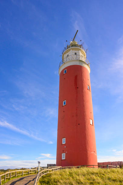 Lighthouse at the Wadden island Texel in the dunes during a calm autumn afternoon with reflections on the North Sea beach. The Eierland lighthouse is located at the North point of the island.