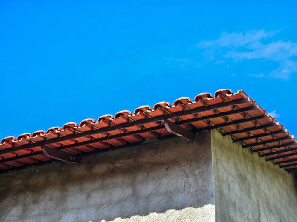 istock Tile roof texture. construction and architecture concept. a house under construction 2203418904