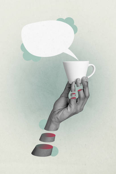istock 3D collage poster template trend artwork sketch of hand hold cup drink coffee cloud texting online note email speech conversation dialog 2203419679