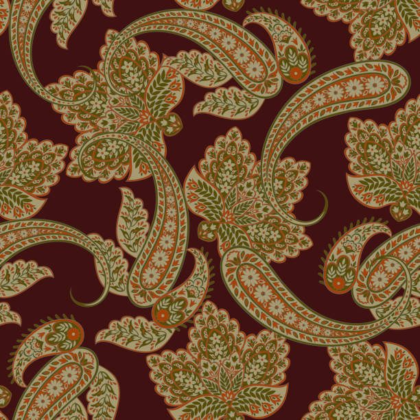 istock Floral seamless pattern with paisley ornament. Vector illustration in asian textile style 2203420028