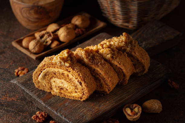 istock Walnut and buttercream roll: a traditional Oriental pastry. 2203420331