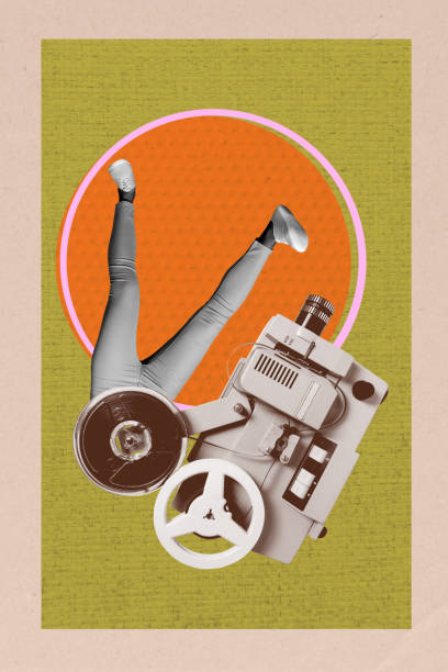 istock Vertical 3d artwork collage of bodyless human stand upside down retro video camera shooting tape film rec photographing cadre 2203421811