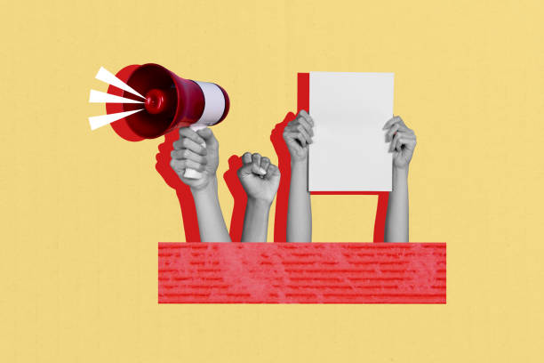 istock Composite sketch image trend artwork collage of anonymous hand hold loudspeaker banner strength democracy picket human leader resources 2203421961
