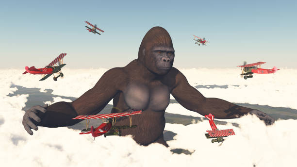 Computer generated 3D illustration with biplanes and giant gorilla attacking each other over the clouds