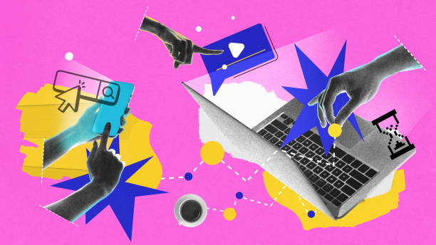 istock Multi-device strategy. Hands interact with phone search, video play button, laptop, and hourglass. SEO, advertising, engagement 2203422535
