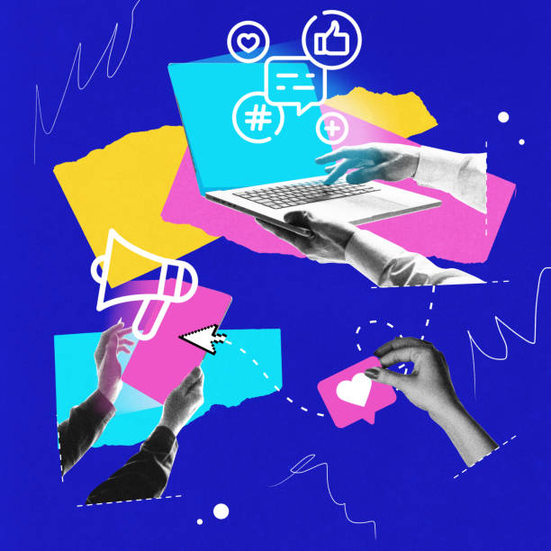 istock Hands interacting with digital elements, laptop, table, and social media icons against vibrant blue backdrop. Conceptual design. 2203422557