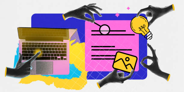 istock Content creation. Hands revise document with magnifying glass, lightbulb, and image icon. Strategic content development 2203422573