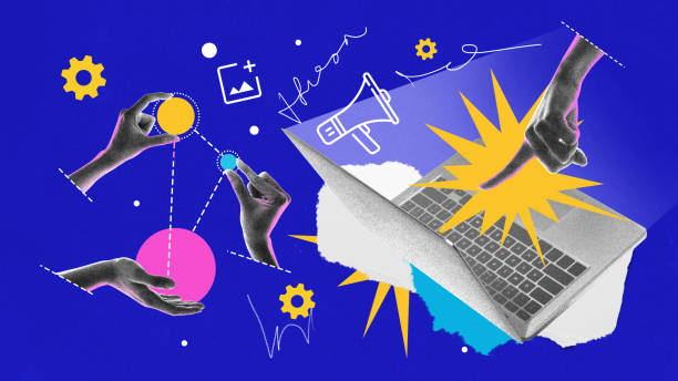 istock Hands interact with content elements, megaphone, and laptop, illustrating content strategy. 2203422587