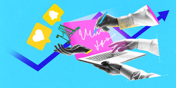 istock Conversion optimization. Hands interact with laptop, shopping cart, and like icons. Rising arrow and handwritten notes. 2203422614