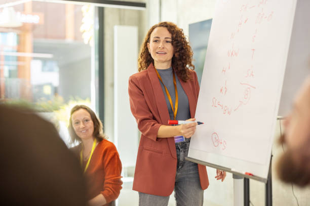 istock Businesswoman giving presentation with flipchart in modern office setting 2203423701