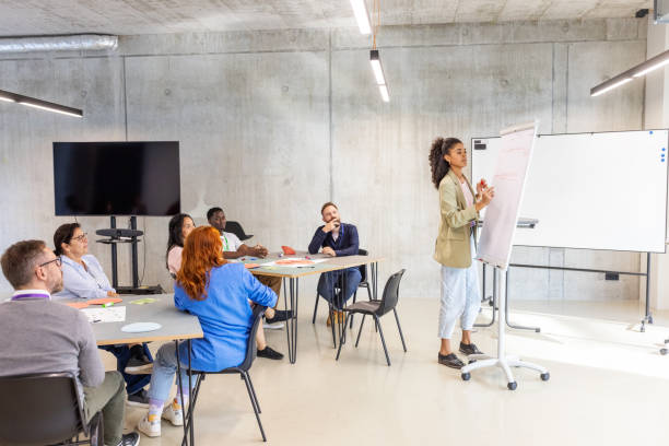 istock Businesswoman leading seminar activities with flipchart and small groups 2203424042