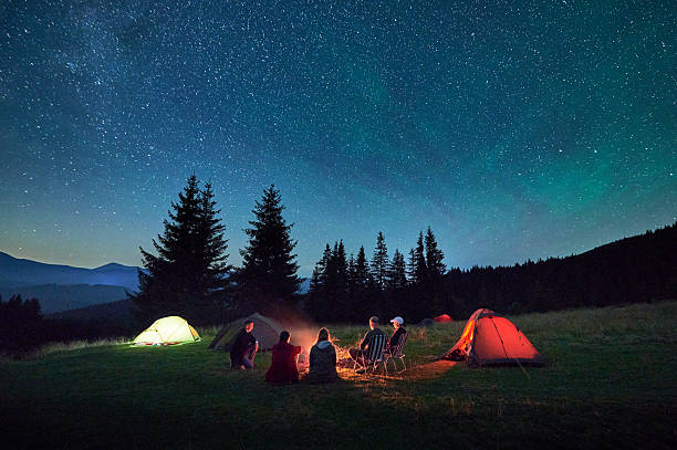 istock Group of hikers resting around campfire, surrounded by illuminated tents under stunning starry sky. 2203425332