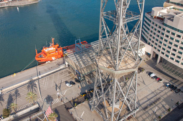 Barcelona, Spain - November 4, 2014: Aerial view of Port Vell's tower, rescue boat, and sea under clear skies at sunset.